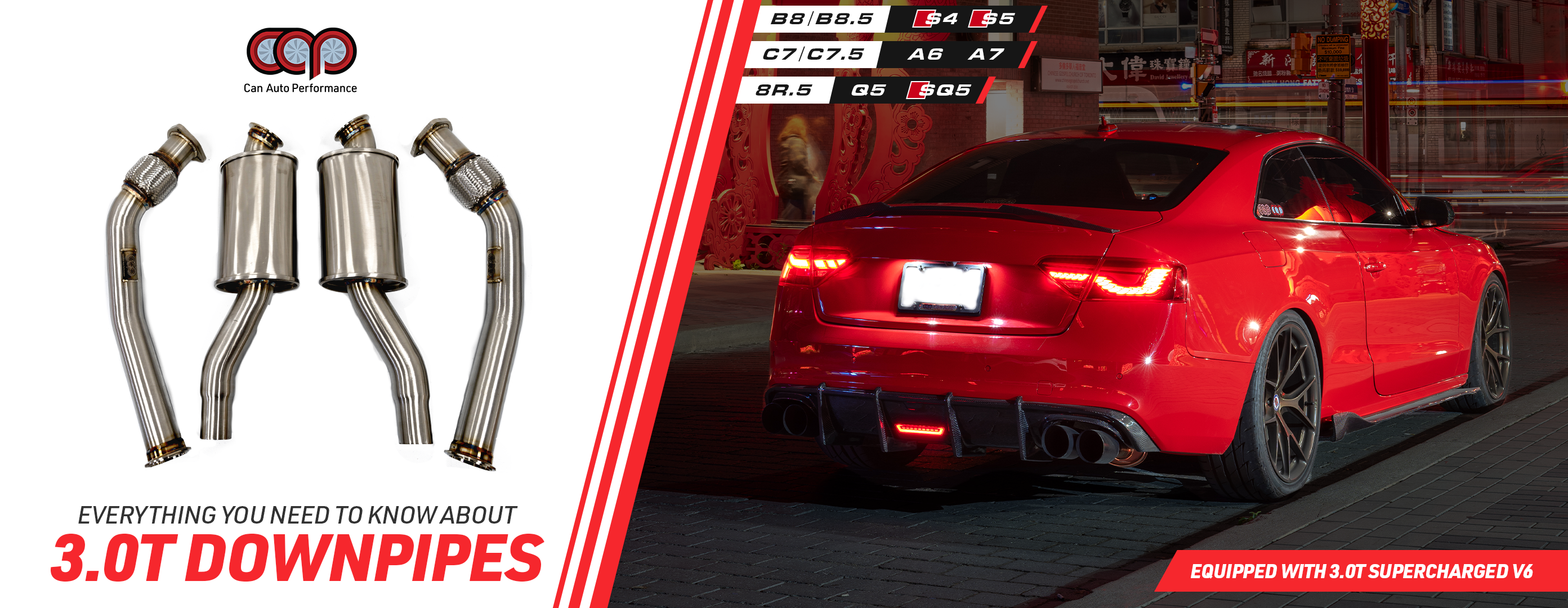Can Auto Performance Audi 3.0T Downpipes with TIG Welds, Mandrel Bends, and Reinforced Flex Pipes for B8/B8.5 S4, S5, A6, A7, Q5, SQ5.