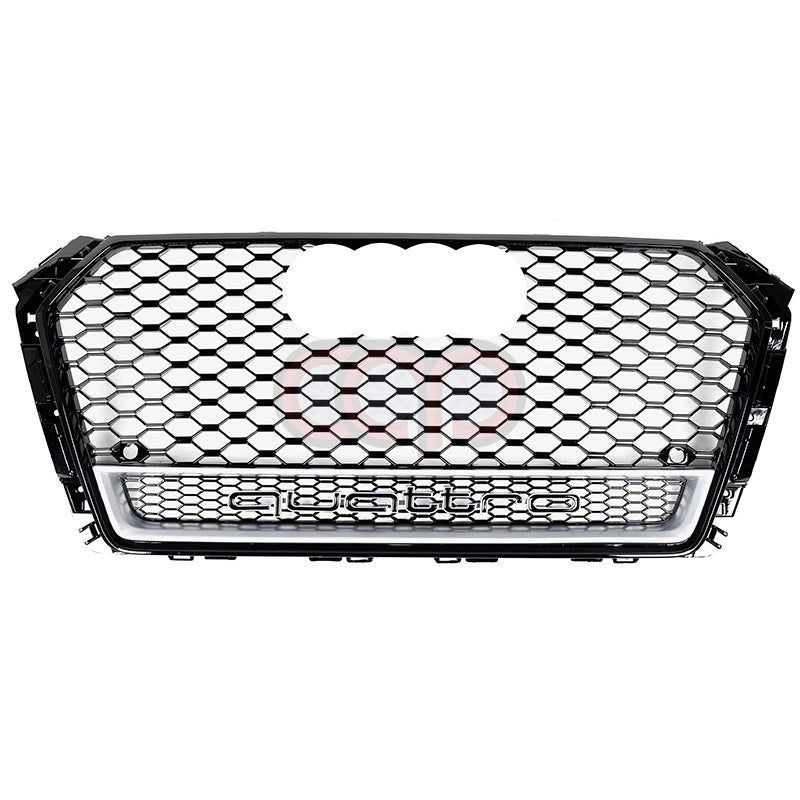 2017-2019 Audi RS4 Honeycomb Lower Frame Grille Quattro Silver Frame | B9 Audi A4/S4 Black Frame Black Mesh Silver Lower Frame