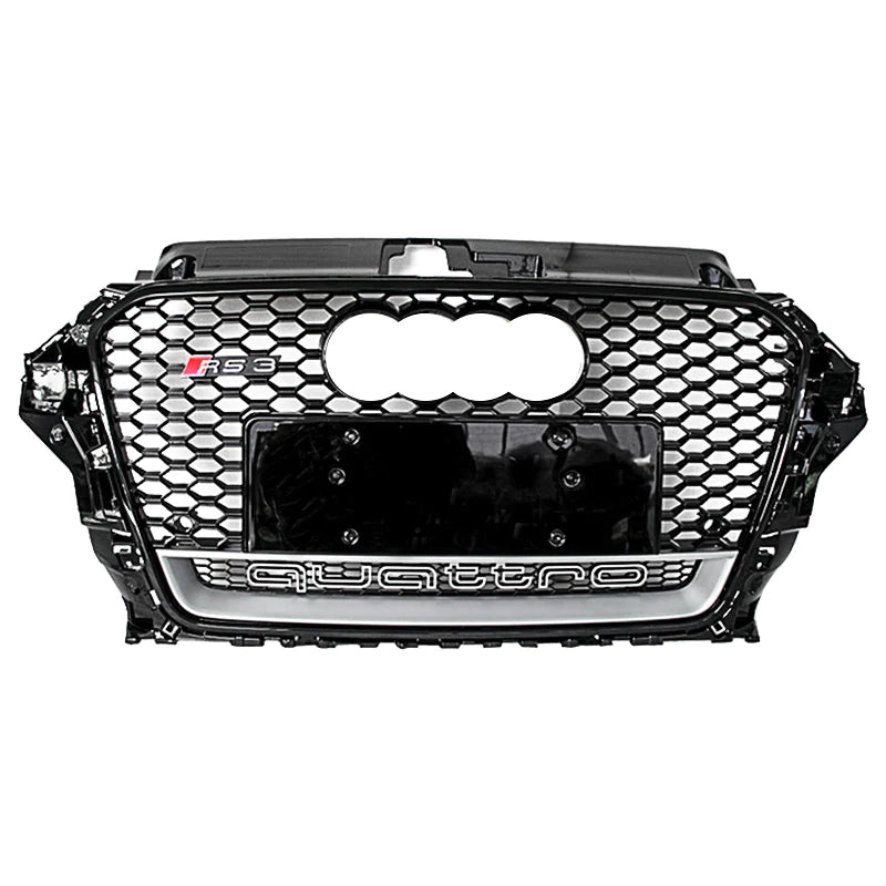 2014-2016 Audi RS3 Honeycomb Grille - Quattro | 8V Audi A3/S3 Black Frame Black Mesh Silver Lower Frame